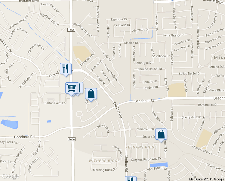 map of restaurants, bars, coffee shops, grocery stores, and more near 7803 Alegria Drive in Houston