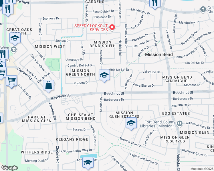 map of restaurants, bars, coffee shops, grocery stores, and more near 16200 Beechnut Street in Houston