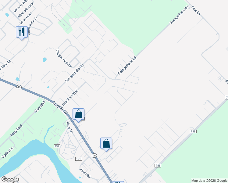 map of restaurants, bars, coffee shops, grocery stores, and more near 345 Flat Land Pass in New Braunfels