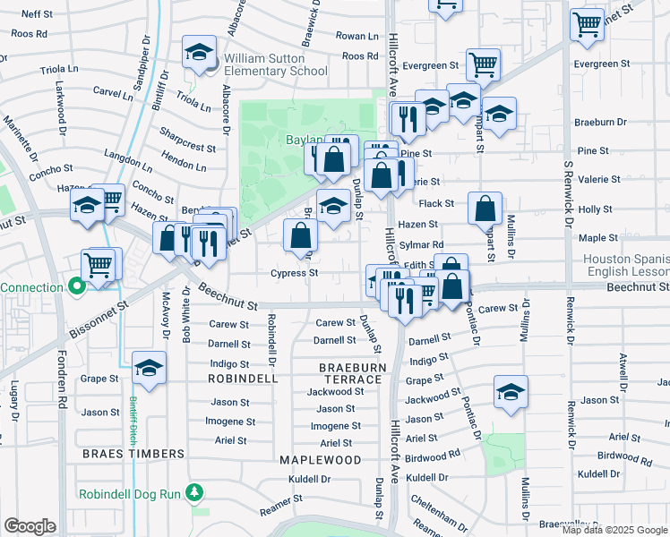 map of restaurants, bars, coffee shops, grocery stores, and more near 5901 Cypress Street in Houston