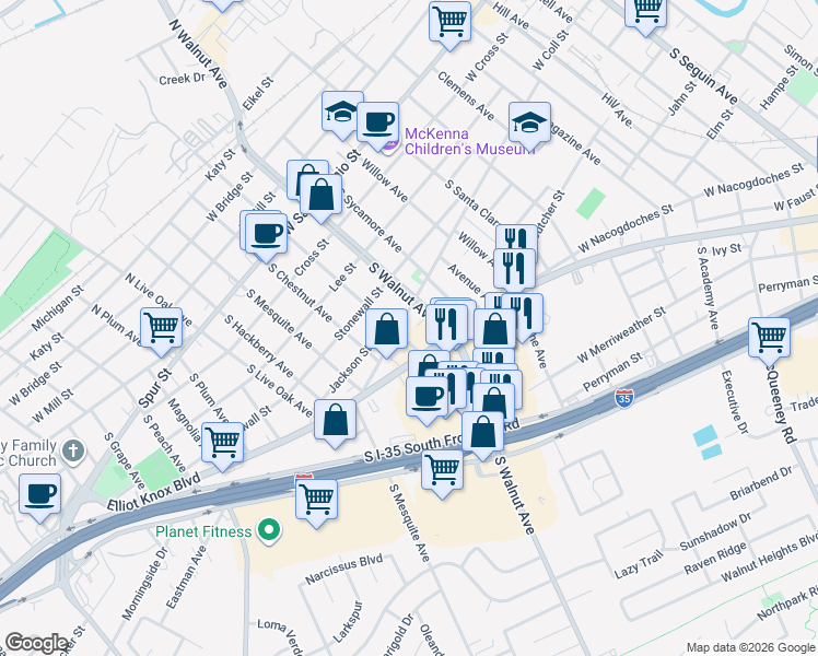 map of restaurants, bars, coffee shops, grocery stores, and more near 1206 West Coll Street in New Braunfels