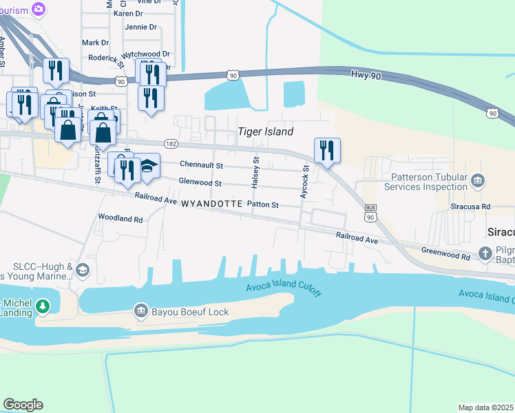 map of restaurants, bars, coffee shops, grocery stores, and more near 302 Patton Street in Morgan City