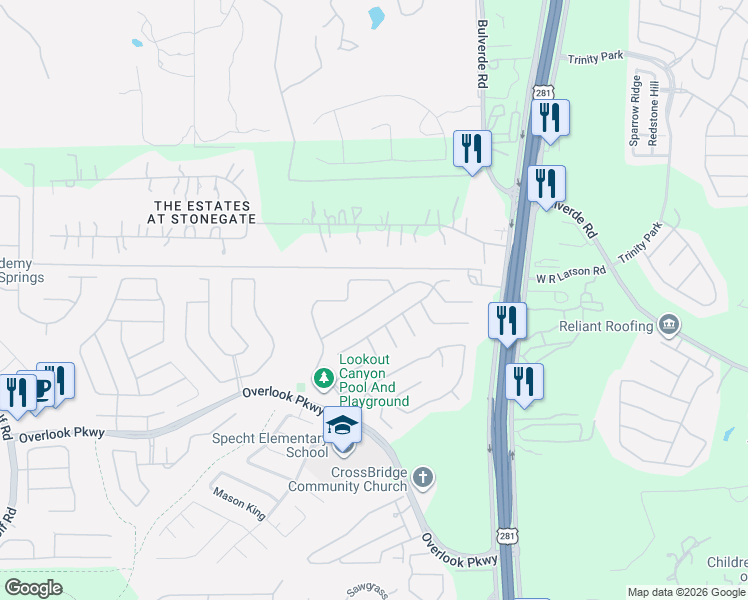 map of restaurants, bars, coffee shops, grocery stores, and more near 1958 Sunderidge in San Antonio