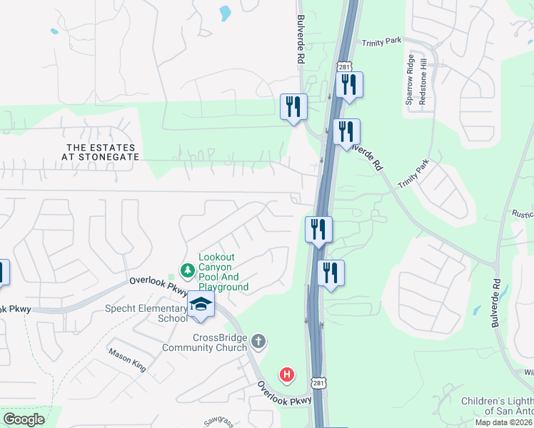 map of restaurants, bars, coffee shops, grocery stores, and more near 26163 Amber Sky in San Antonio