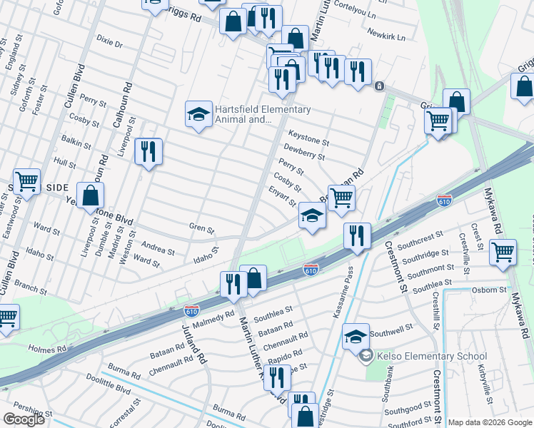 map of restaurants, bars, coffee shops, grocery stores, and more near 5227 Kelso Street in Houston
