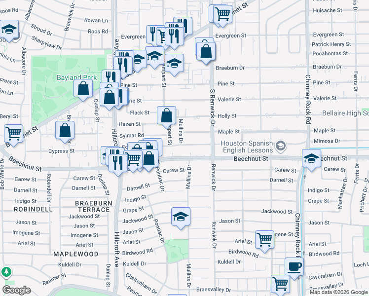 map of restaurants, bars, coffee shops, grocery stores, and more near 5542 Beechnut Street in Houston