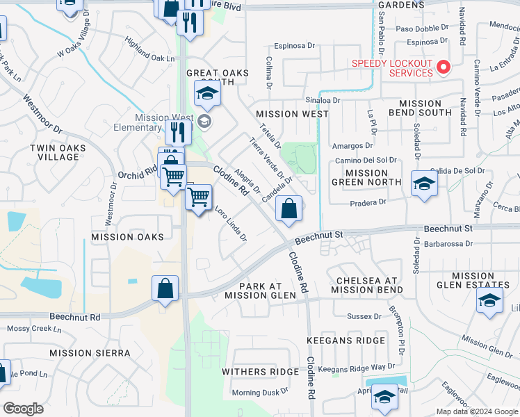 map of restaurants, bars, coffee shops, grocery stores, and more near 8000 Clodine Road in Houston