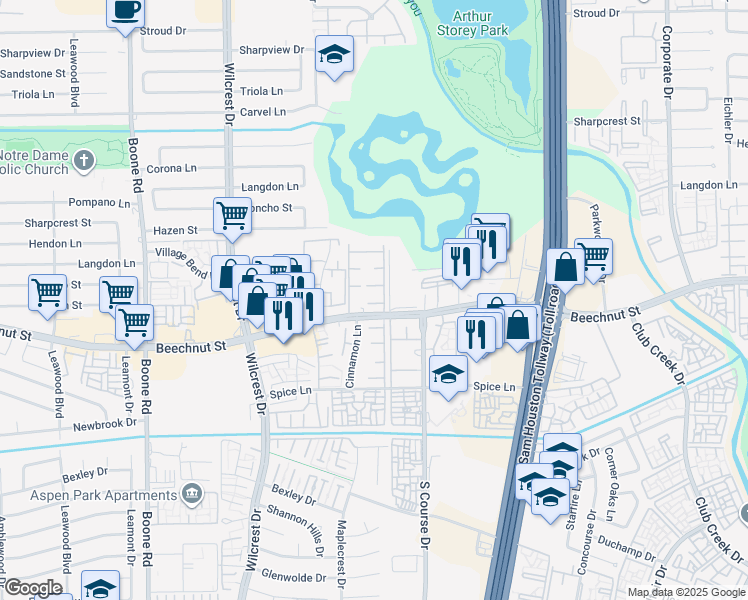 map of restaurants, bars, coffee shops, grocery stores, and more near 10522 Beechnut Street in Houston