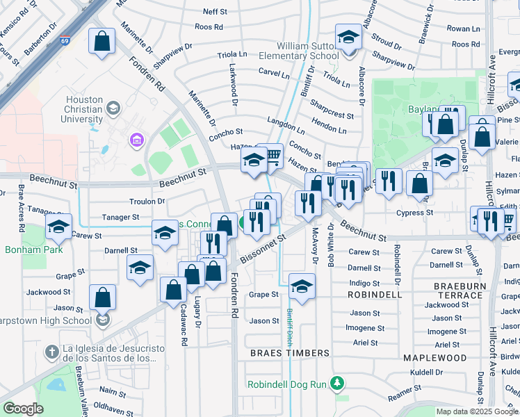 map of restaurants, bars, coffee shops, grocery stores, and more near 7001 Fonvilla Street in Houston