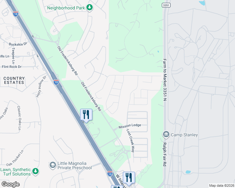 map of restaurants, bars, coffee shops, grocery stores, and more near 26041 Los Mirasoles in Boerne
