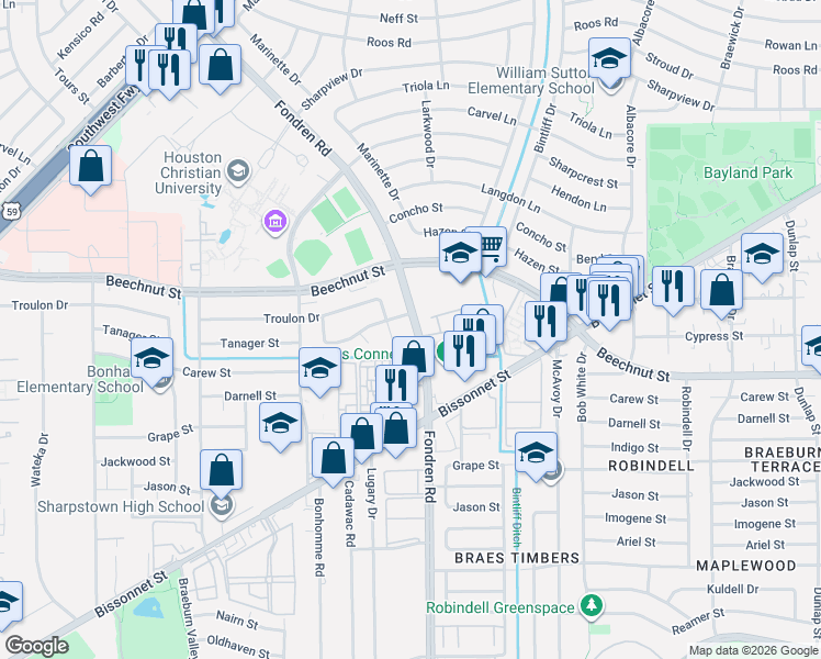 map of restaurants, bars, coffee shops, grocery stores, and more near 8216 Fondren Road in Houston
