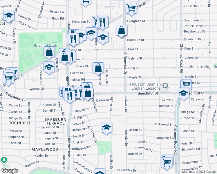 map of restaurants, bars, coffee shops, grocery stores, and more near 5542 Beechnut Street in Houston