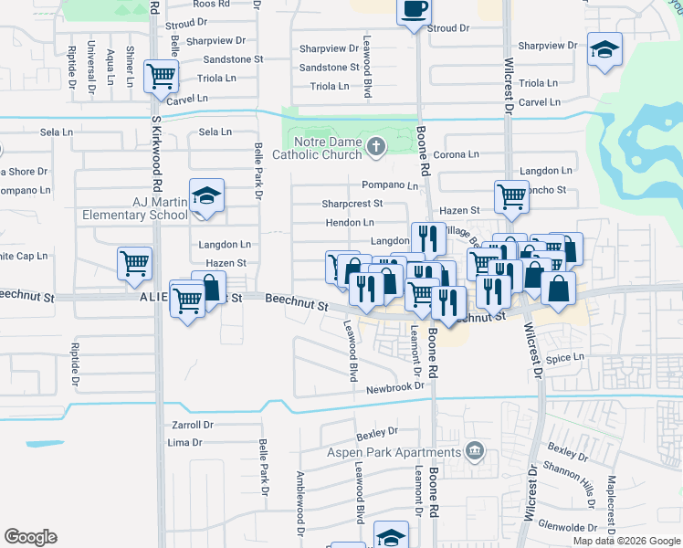 map of restaurants, bars, coffee shops, grocery stores, and more near 11259 Hazen Street in Houston