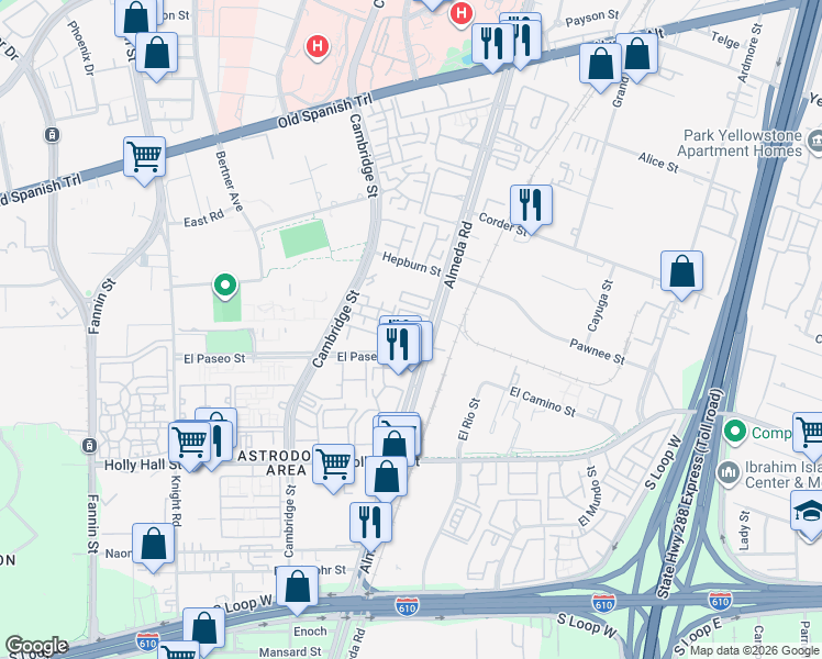 map of restaurants, bars, coffee shops, grocery stores, and more near 2121 El Paseo Street in Houston