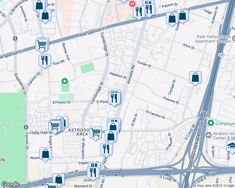map of restaurants, bars, coffee shops, grocery stores, and more near 2121 El Paseo Street in Houston
