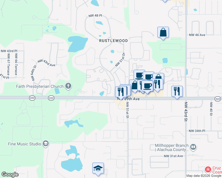 map of restaurants, bars, coffee shops, grocery stores, and more near Northwest 39 Avenue in Gainesville