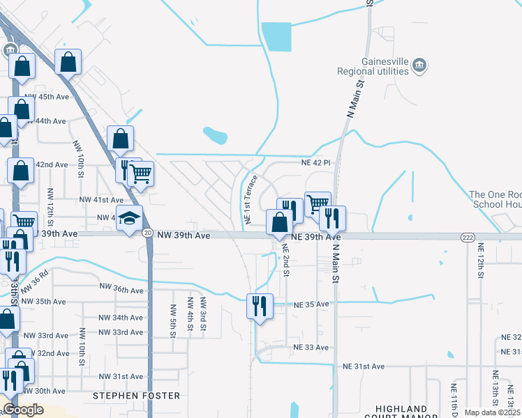 map of restaurants, bars, coffee shops, grocery stores, and more near 3689 Northeast 1st Drive in Gainesville