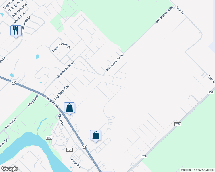 map of restaurants, bars, coffee shops, grocery stores, and more near 345 Flat Land Pass in New Braunfels