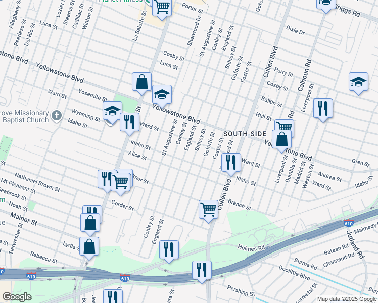 map of restaurants, bars, coffee shops, grocery stores, and more near 6636 England Street in Houston