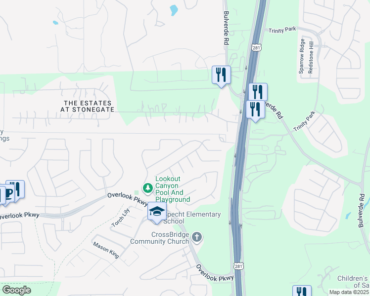 map of restaurants, bars, coffee shops, grocery stores, and more near 2002 Sunderidge in San Antonio