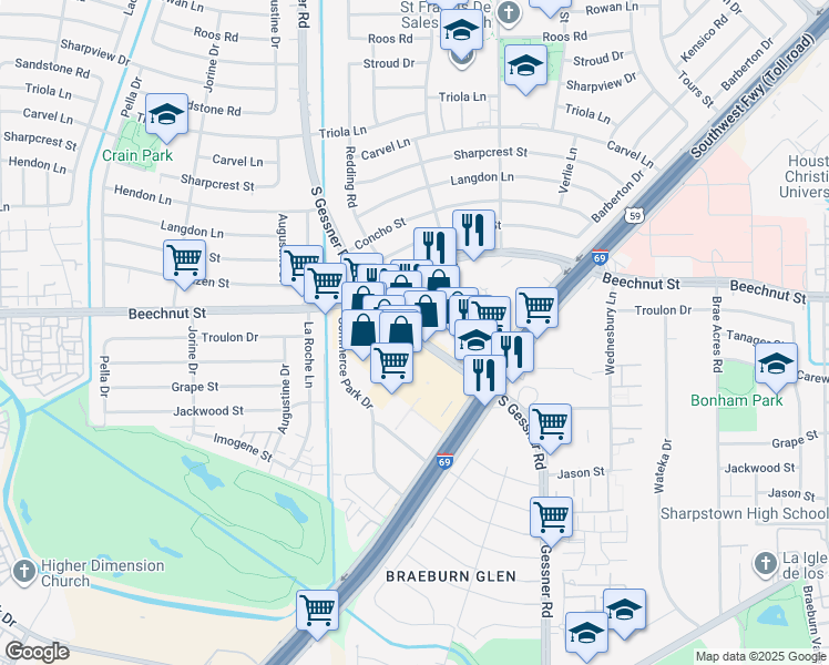 map of restaurants, bars, coffee shops, grocery stores, and more near 6425 South Gessner Drive in Houston