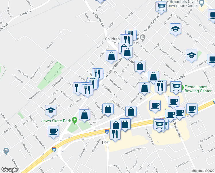map of restaurants, bars, coffee shops, grocery stores, and more near 1490 Cross Street in New Braunfels