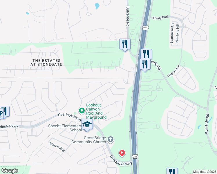 map of restaurants, bars, coffee shops, grocery stores, and more near 26163 Amber Sky in San Antonio