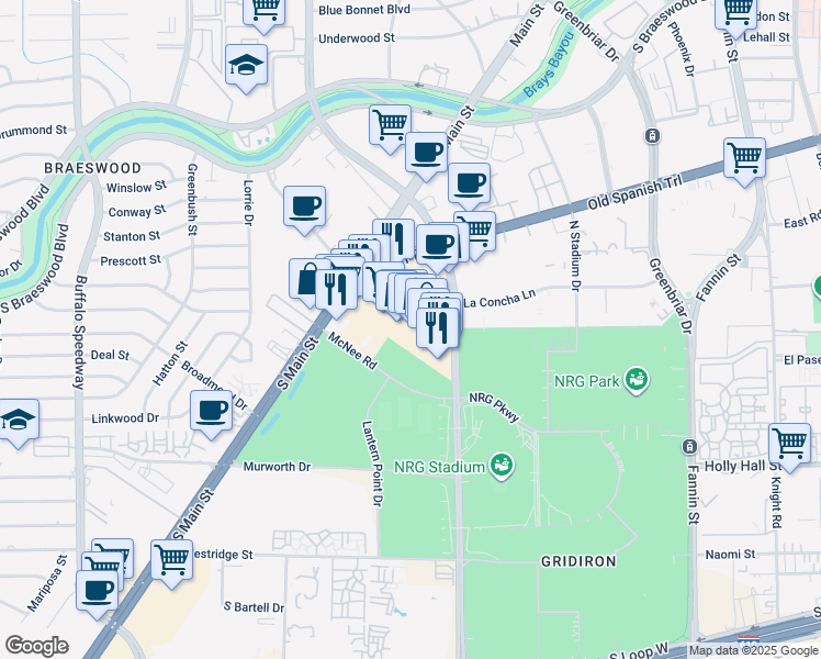 map of restaurants, bars, coffee shops, grocery stores, and more near 8132 Kirby Drive in Houston