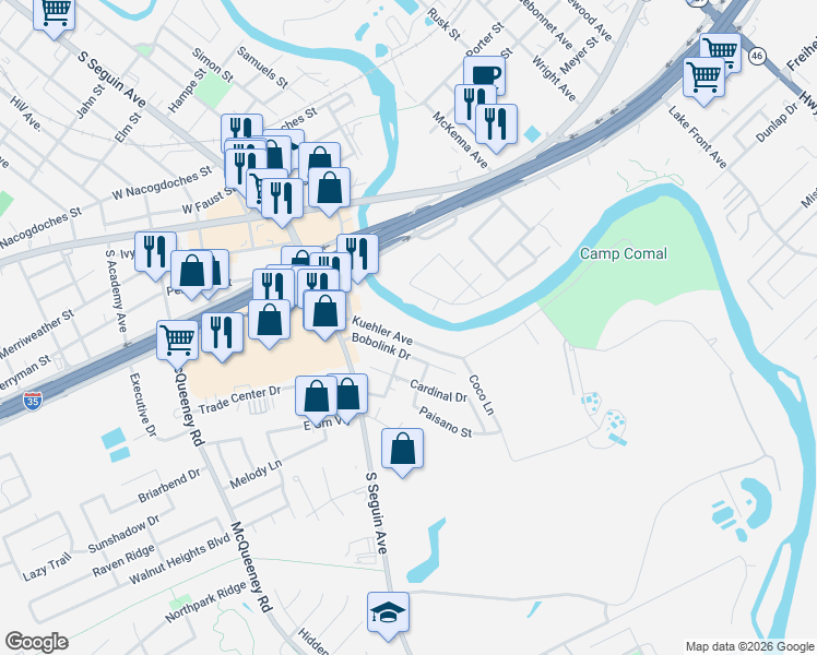 map of restaurants, bars, coffee shops, grocery stores, and more near 1731 Kuehler Avenue in New Braunfels
