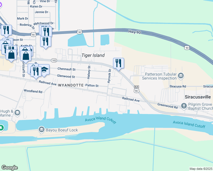 map of restaurants, bars, coffee shops, grocery stores, and more near 302 Patton Street in Morgan City
