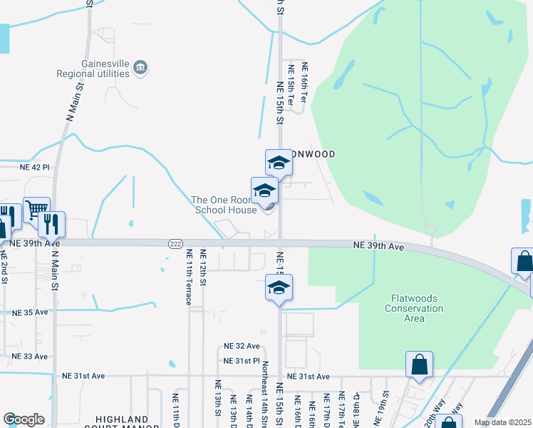 map of restaurants, bars, coffee shops, grocery stores, and more near 4180 Northeast 15th Street in Gainesville