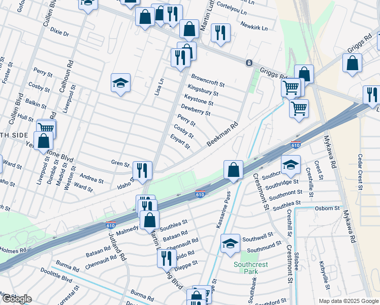 map of restaurants, bars, coffee shops, grocery stores, and more near 6407 Beekman Road in Houston