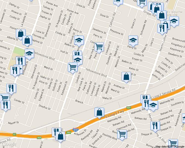 map of restaurants, bars, coffee shops, grocery stores, and more near 6722 Calhoun Road in Houston