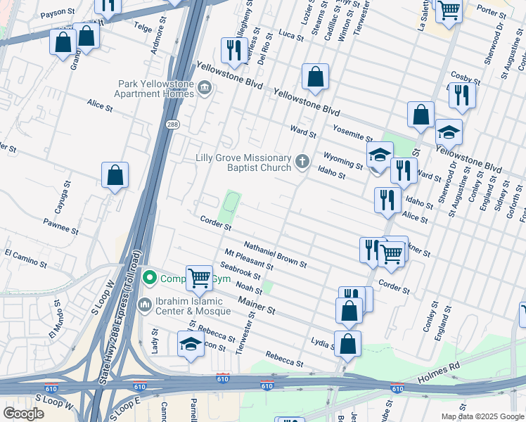 map of restaurants, bars, coffee shops, grocery stores, and more near 3533 Dreyfus Street in Houston