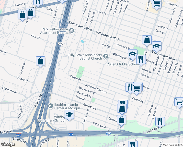 map of restaurants, bars, coffee shops, grocery stores, and more near 3533 Dreyfus Street in Houston