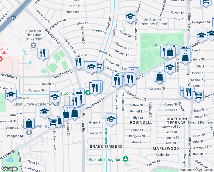 map of restaurants, bars, coffee shops, grocery stores, and more near 6900 Bissonnet Street in Houston