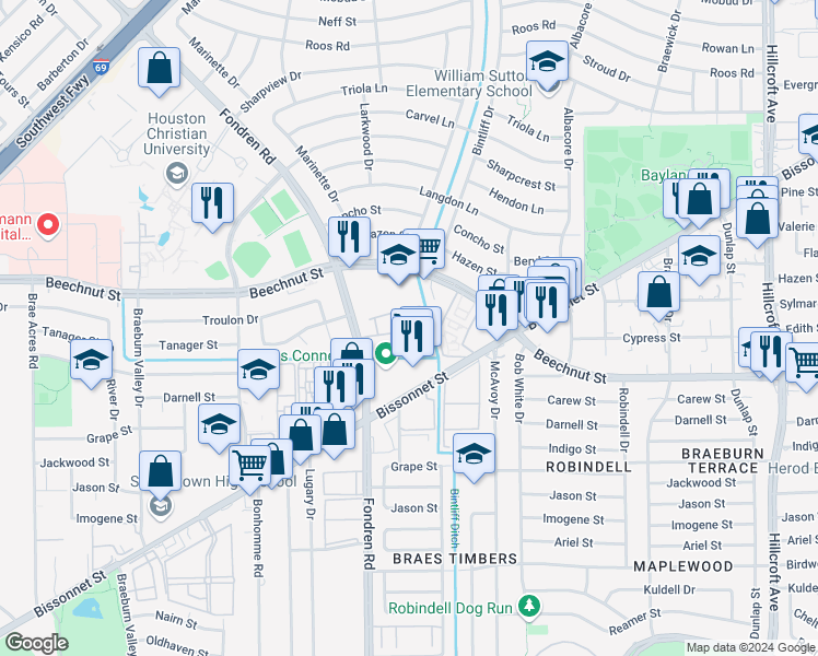 map of restaurants, bars, coffee shops, grocery stores, and more near 7001-7025 Fonvilla Street in Houston