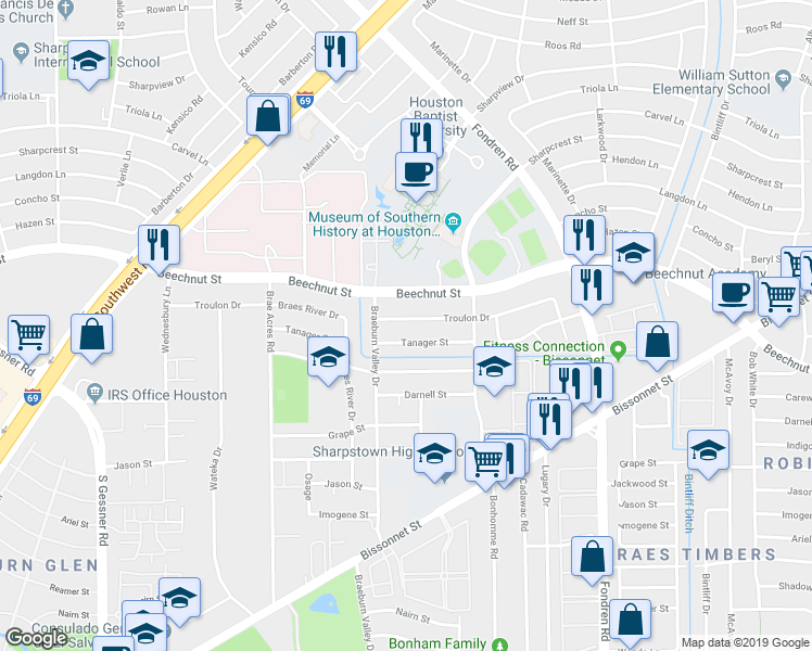map of restaurants, bars, coffee shops, grocery stores, and more near 7426 Tanager Street in Houston