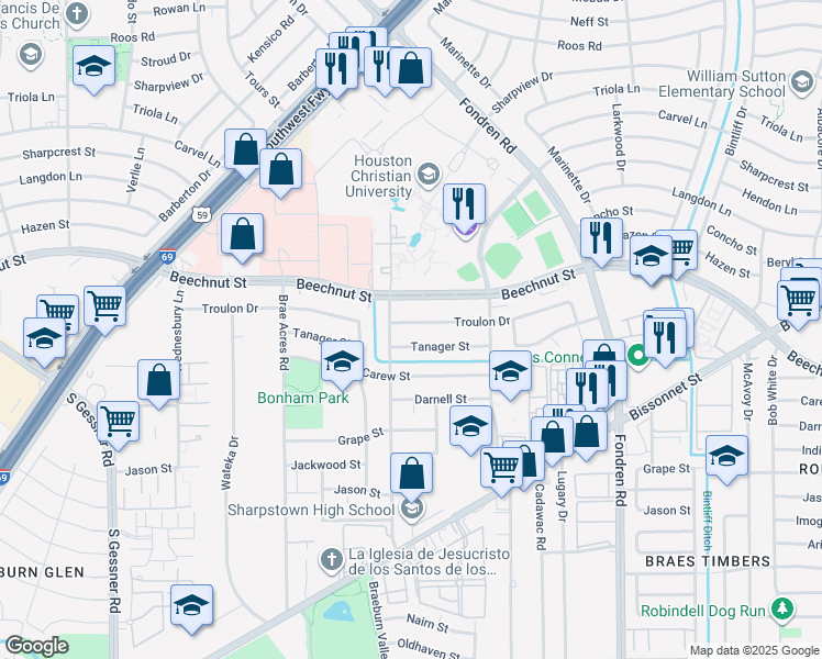 map of restaurants, bars, coffee shops, grocery stores, and more near 7426 Tanager Street in Houston