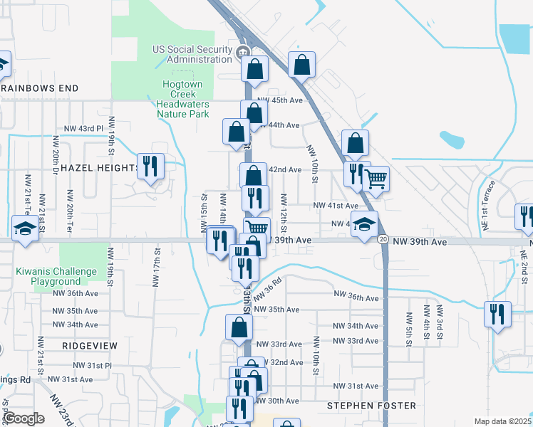 map of restaurants, bars, coffee shops, grocery stores, and more near 4010 Northwest 12th Terrace in Gainesville