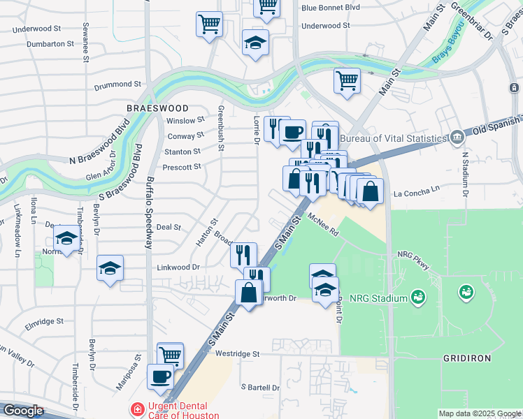 map of restaurants, bars, coffee shops, grocery stores, and more near 8327 Lorrie Drive in Houston