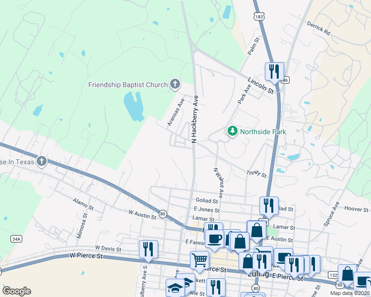 map of restaurants, bars, coffee shops, grocery stores, and more near 905 Hackberry Avenue in Luling