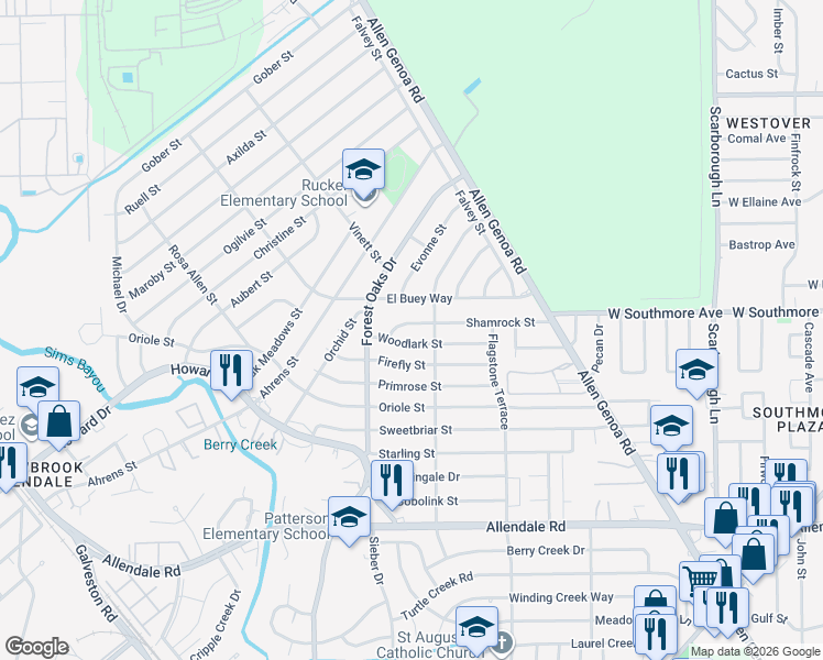map of restaurants, bars, coffee shops, grocery stores, and more near 5447 Woodlark Street in Houston