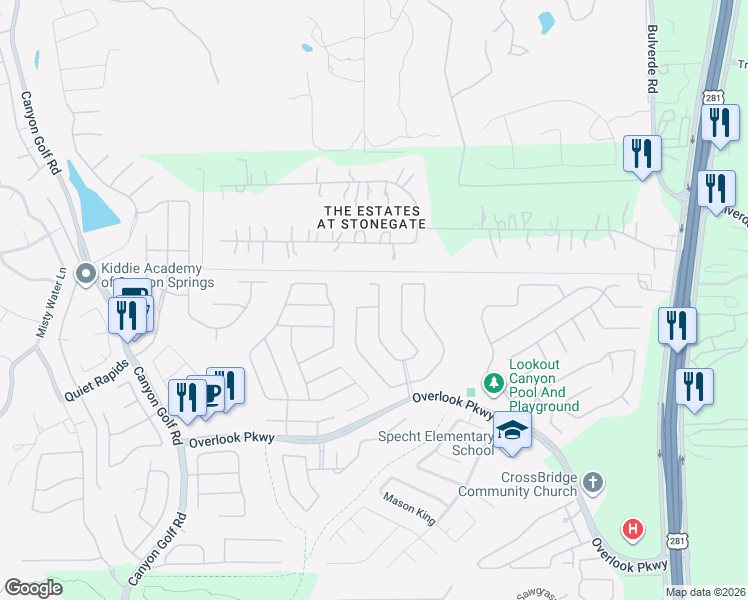 map of restaurants, bars, coffee shops, grocery stores, and more near 1607 Lookout Point in San Antonio