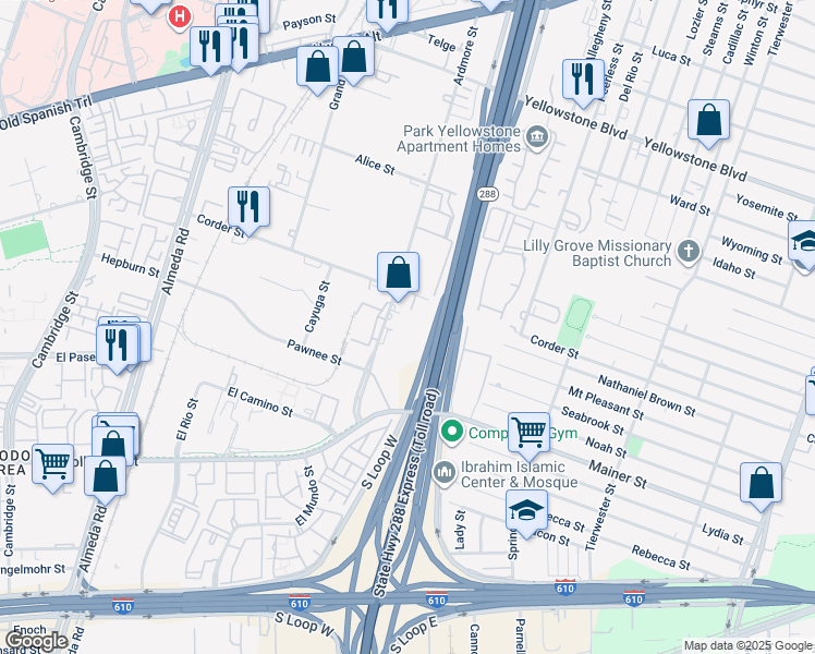 map of restaurants, bars, coffee shops, grocery stores, and more near 7373 Ardmore Street in Houston