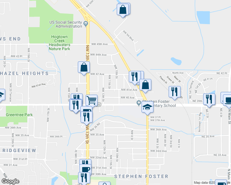 map of restaurants, bars, coffee shops, grocery stores, and more near 1008 Northwest 40 Avenue in Gainesville