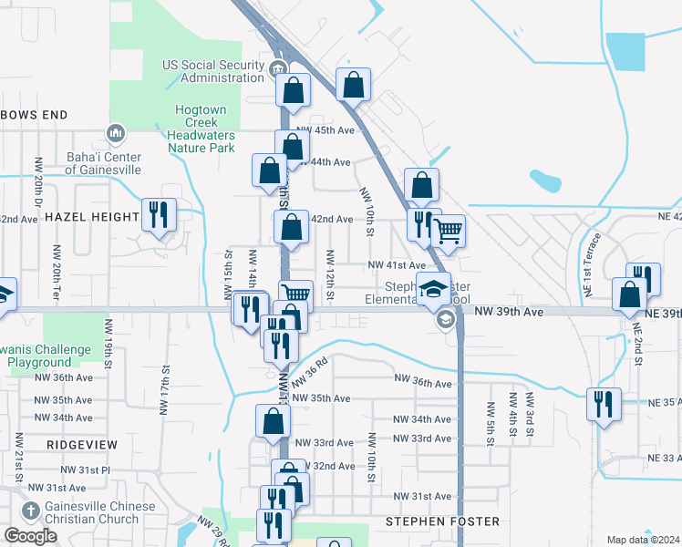map of restaurants, bars, coffee shops, grocery stores, and more near 1124 Northwest 40 Avenue in Gainesville
