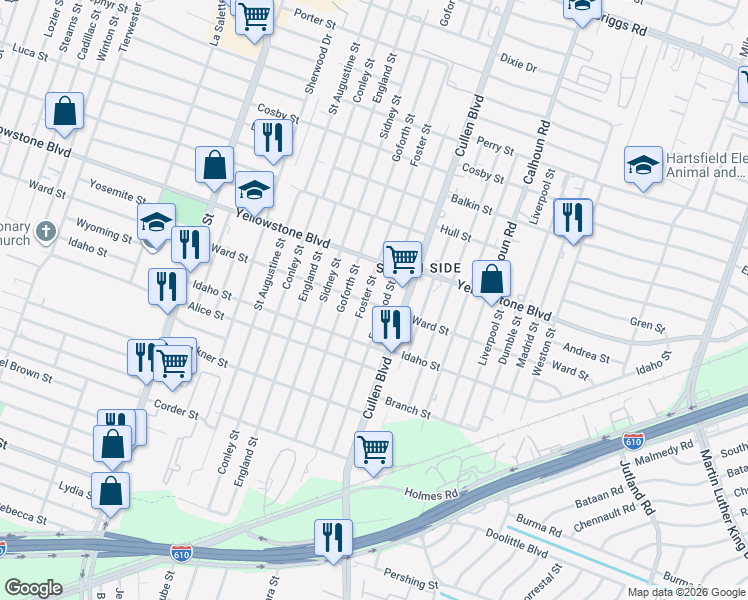 map of restaurants, bars, coffee shops, grocery stores, and more near 6805 Foster Street in Houston