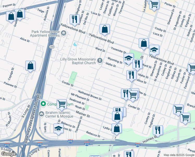 map of restaurants, bars, coffee shops, grocery stores, and more near 3630B Lehall Street in Houston