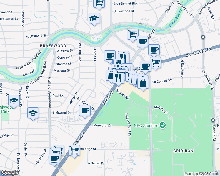 map of restaurants, bars, coffee shops, grocery stores, and more near in Houston